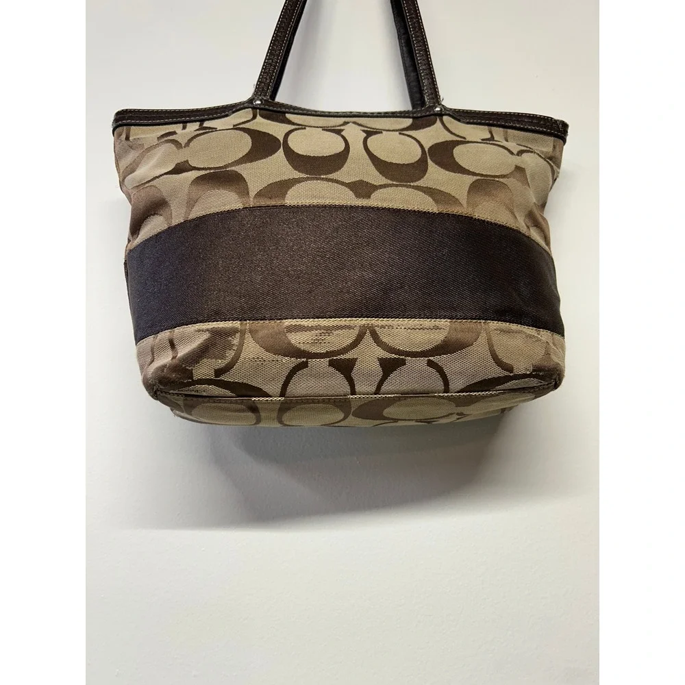 Coach Signature Canvas Tote Brown Tan Leather Trim Shoulder Bag - Picture 6 of 12